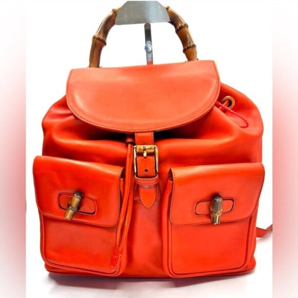GUCCI Bamboo Backpack - Orange Leather Drawstring - Picture 1 of 15